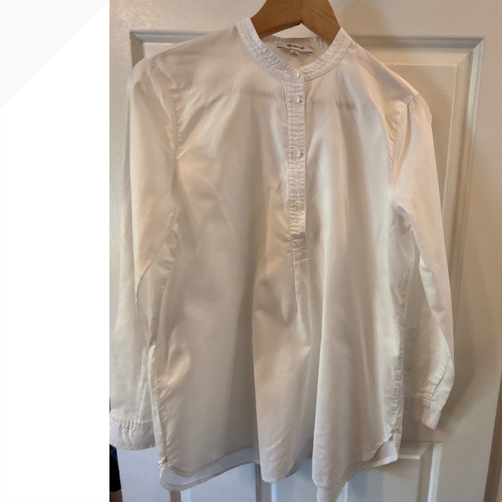 Madewell Womens White Band Collar Button Down Tunic Shirt Long Sleeve Size M
